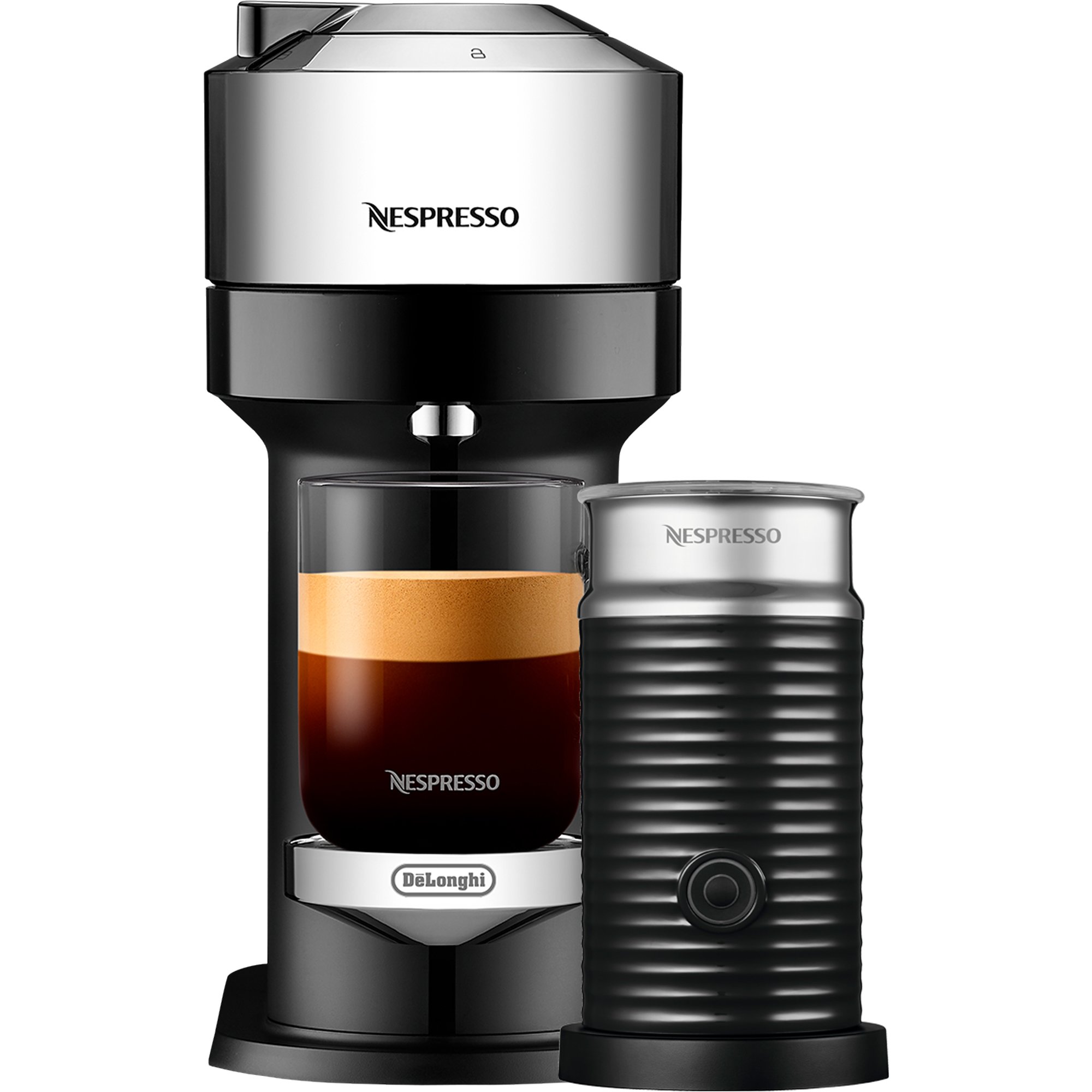 Nespresso Vertuo Next Deluxe Value Pack, kaffemaskine og mælkeskummer, pure chrome
